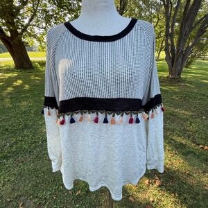 Hummingbird Tassel Babe Sweater Top L Grey Black Boho Eclectic Artisan Cozy Knit